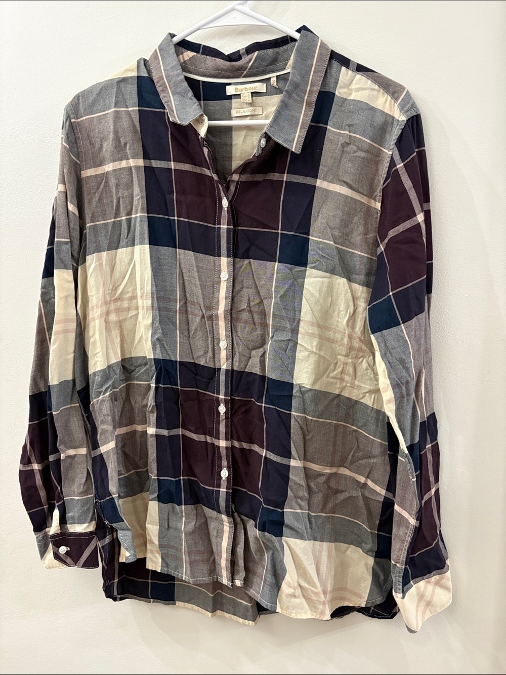 Barbour women’s Navy and Cream Plaid Button-Up Shirt - size 12 - 100% cotton